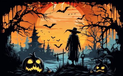 Creepy Halloween Scene With Pumpkins and Silhouette