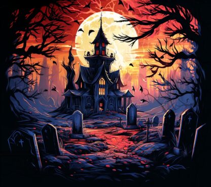 Creepy Halloween Scene with House and Tombstones