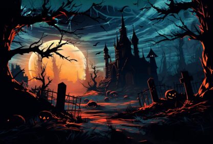 Scary Halloween Scene with Dark House and Full Moon