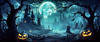 Spooky Blue Halloween Landscape With Pumpkins and House
