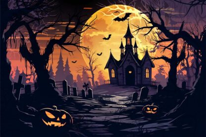 Spooky Halloween Landscape With Pumpkins and House