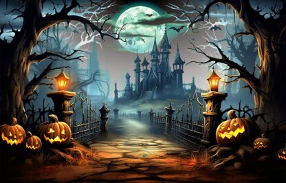 Spooky Halloween Pathway With Pumpkins and House